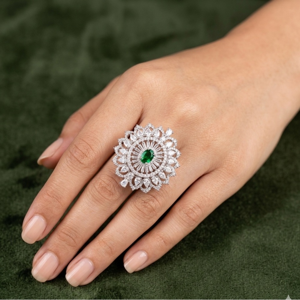Green Zirconia Floral Cocktail Ring | Crystal Halo Statement Ring